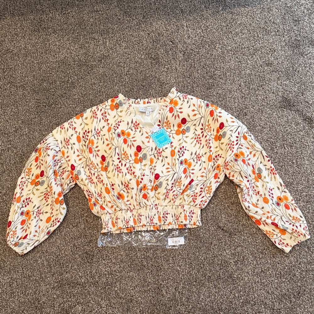 Hayden Cream Blouse with Red and Orange Floral Design